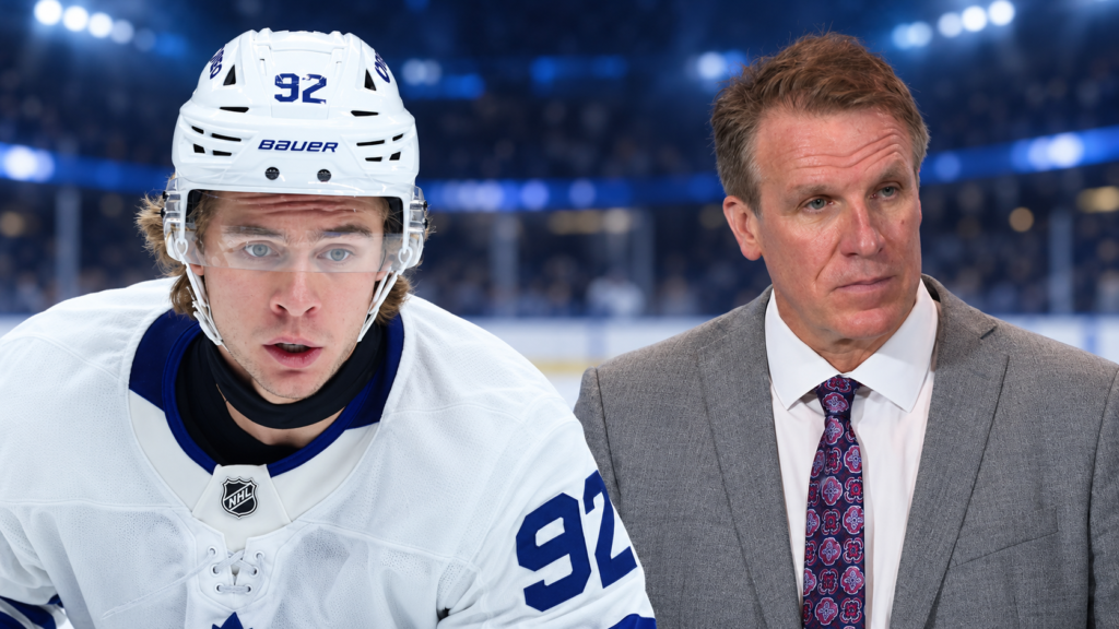 Gavin McKenna on the left and Toronto Maple Leafs coach Jim Hiller on the right against an arena background; TSP photo illustration.