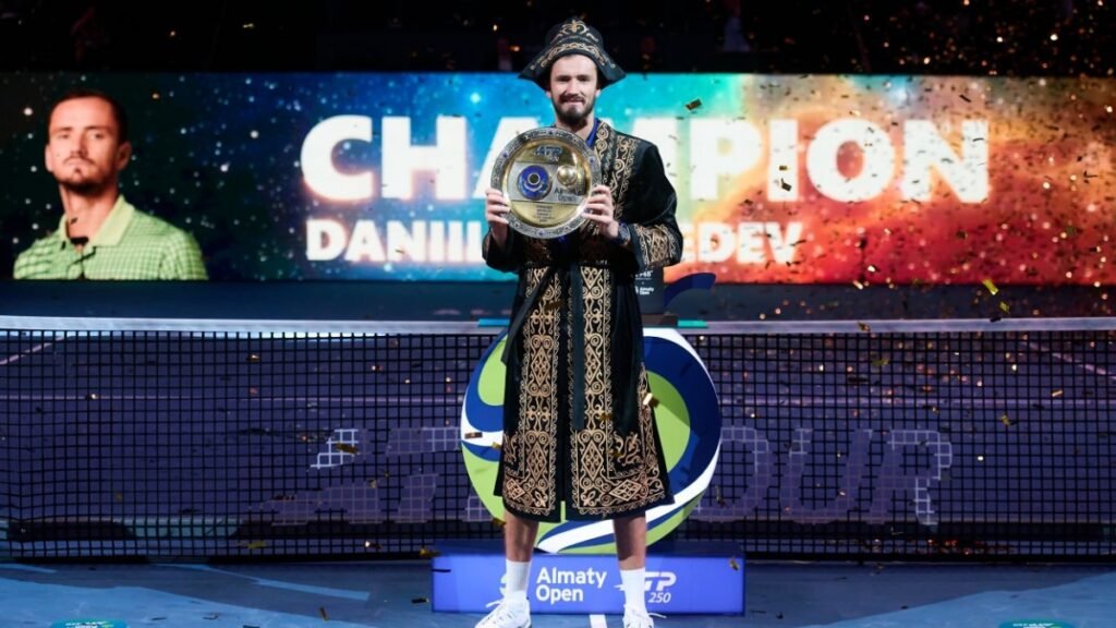 Daniil Medvedev holds the Almaty Open trophy after winning the October 25, 2026 final.