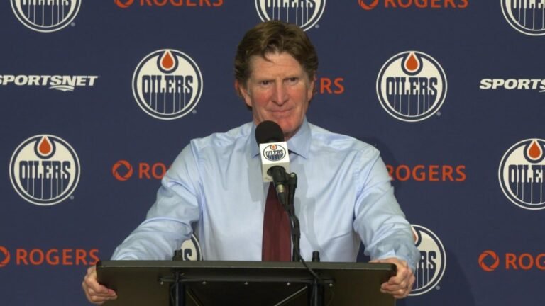 Mike Babcock answers questions after Edmonton&rsquo;s October 3, 2026 win over Seattle.
