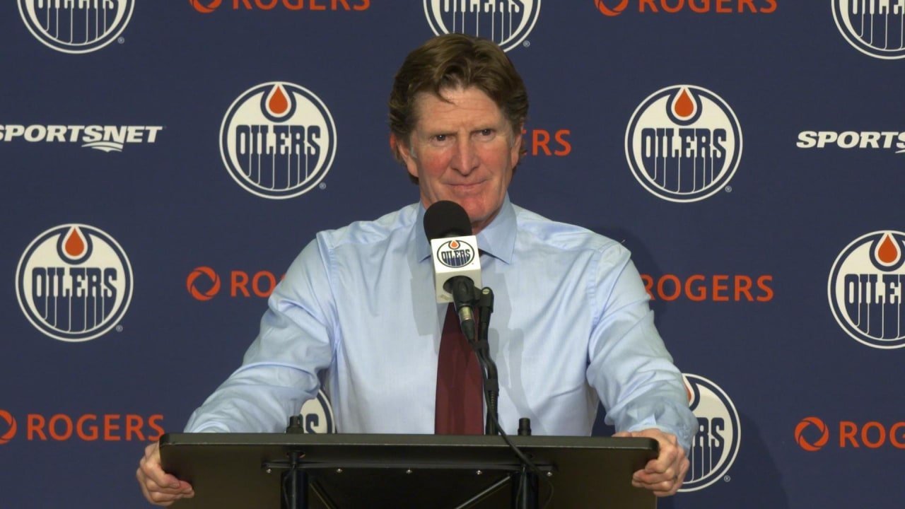 Mike Babcock answers questions after Edmonton’s October 3, 2026 win over Seattle.