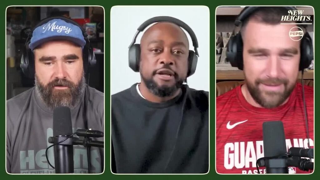 Mike Tomlin speaks between Jason and Travis Kelce during the New Heights interview.