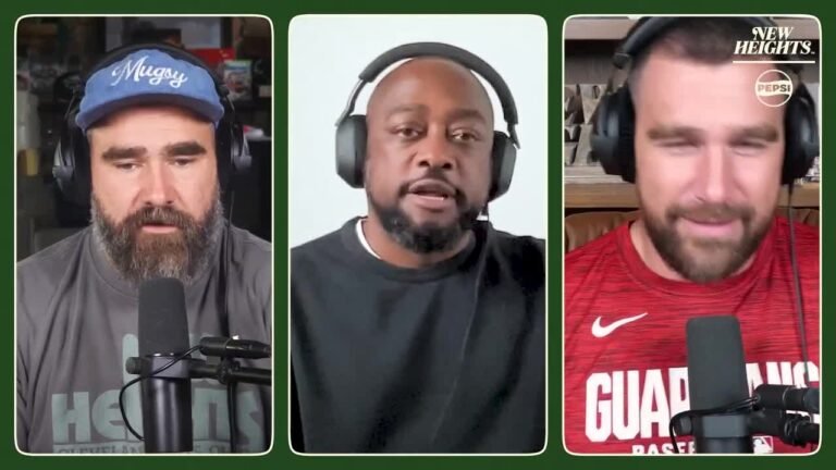Mike Tomlin speaks between Jason and Travis Kelce during the New Heights interview.