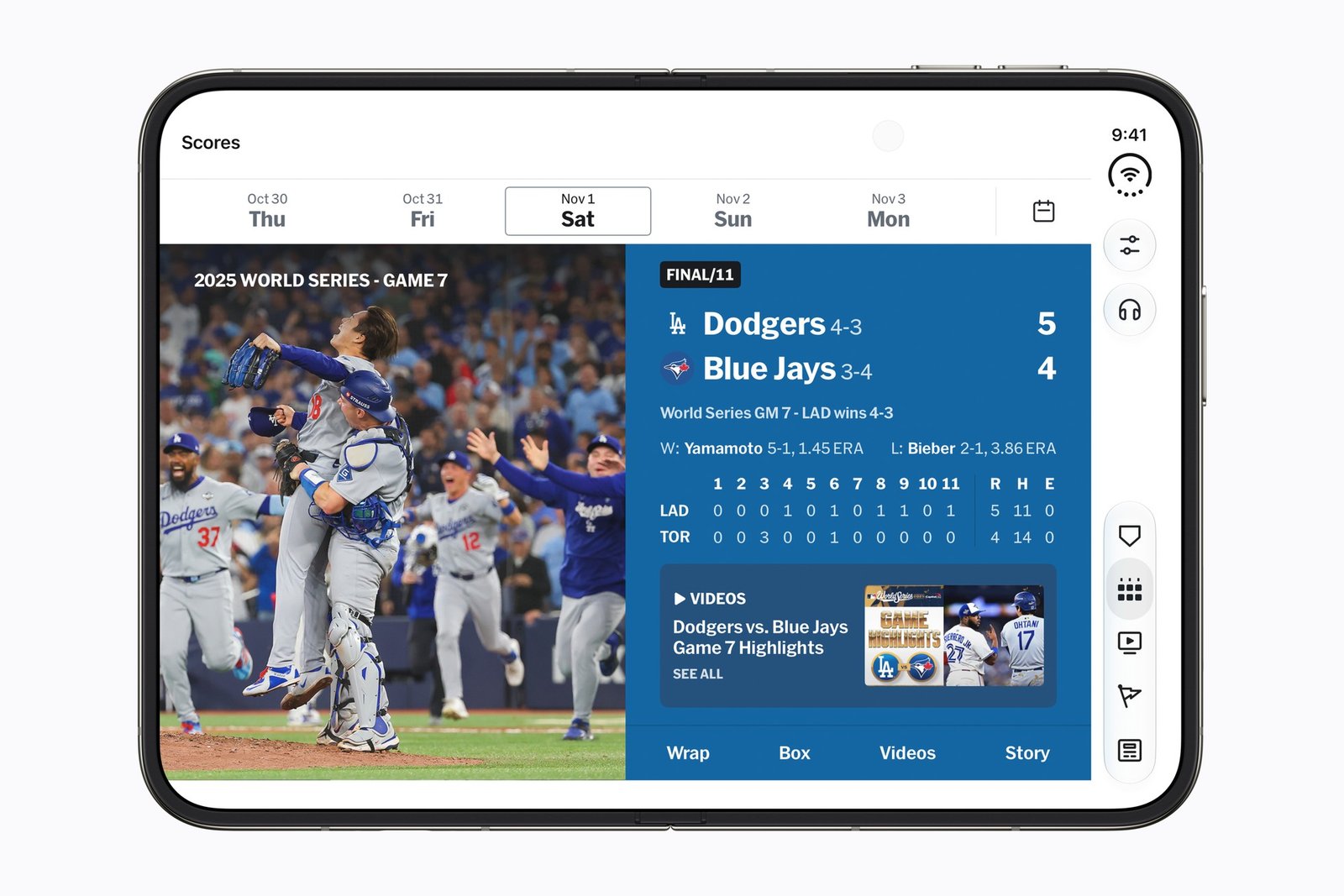 MLB’s app on an unfolded iPhone Duo.