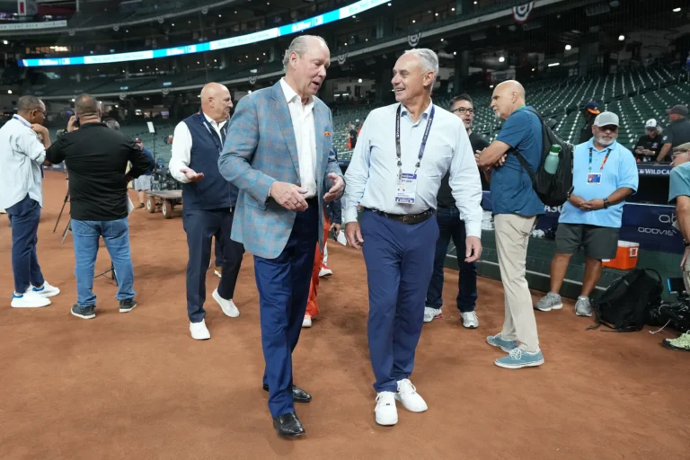 Rob Manfred, right, talks with Astros owner Jim Crane in Houston on September 29, 2026.
