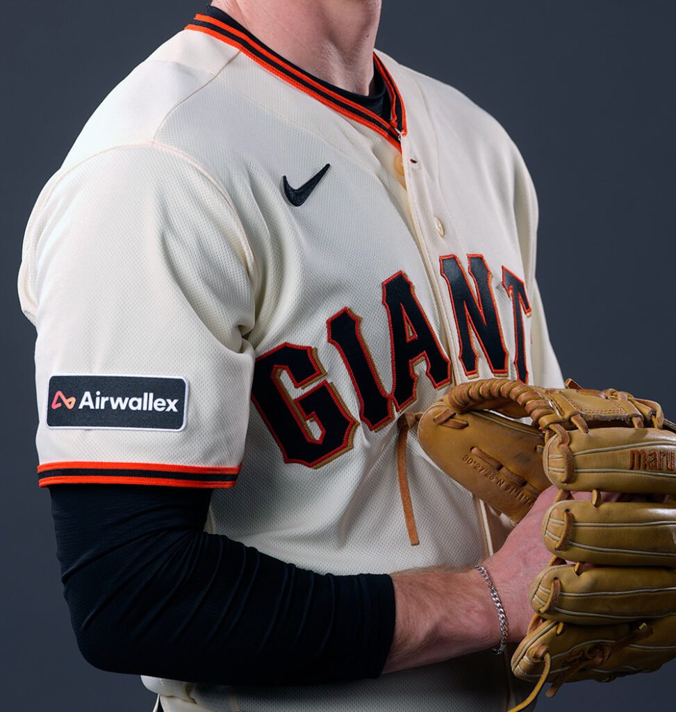 Airwallex sponsor patch on a San Francisco Giants jersey sleeve.