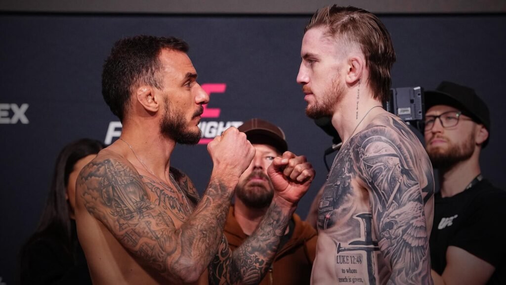 Renato Moicano, left, and Tom Nolan face off at Meta APEX.