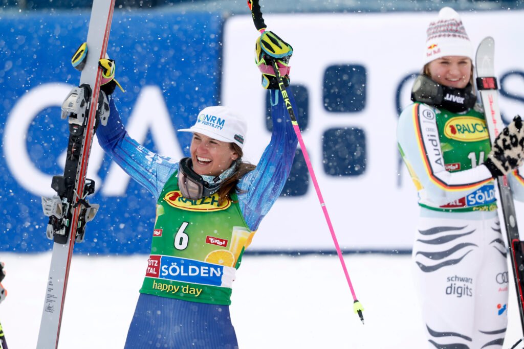 Paula Moltzan celebrates at the women’s giant slalom season opener in Sölden, Austria, on October 24, 2026.