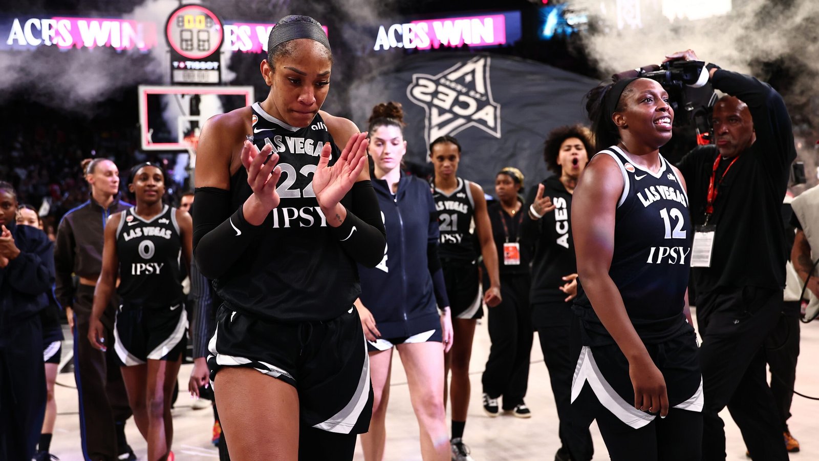 A’ja Wilson and Chelsea Gray after Las Vegas’ Game 3 win over Indiana on October 1.