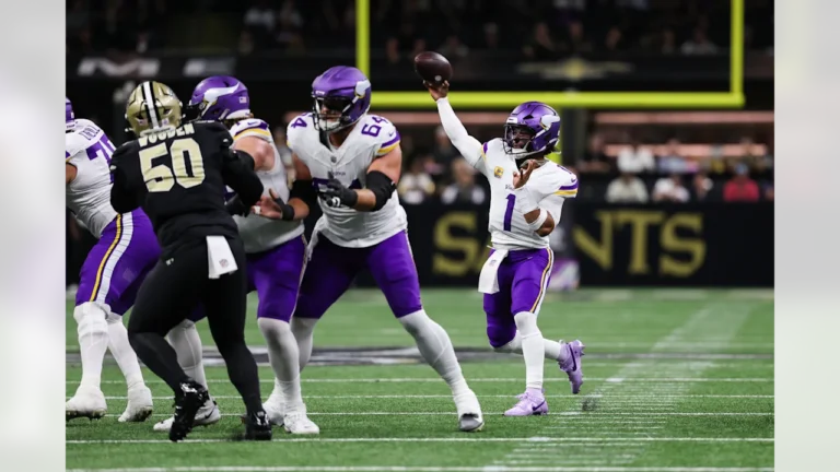 Kyler Murray throws a pass in a white Minnesota Vikings jersey and purple pants against New Orleans at Caesars Superdome on October 11, 2026.