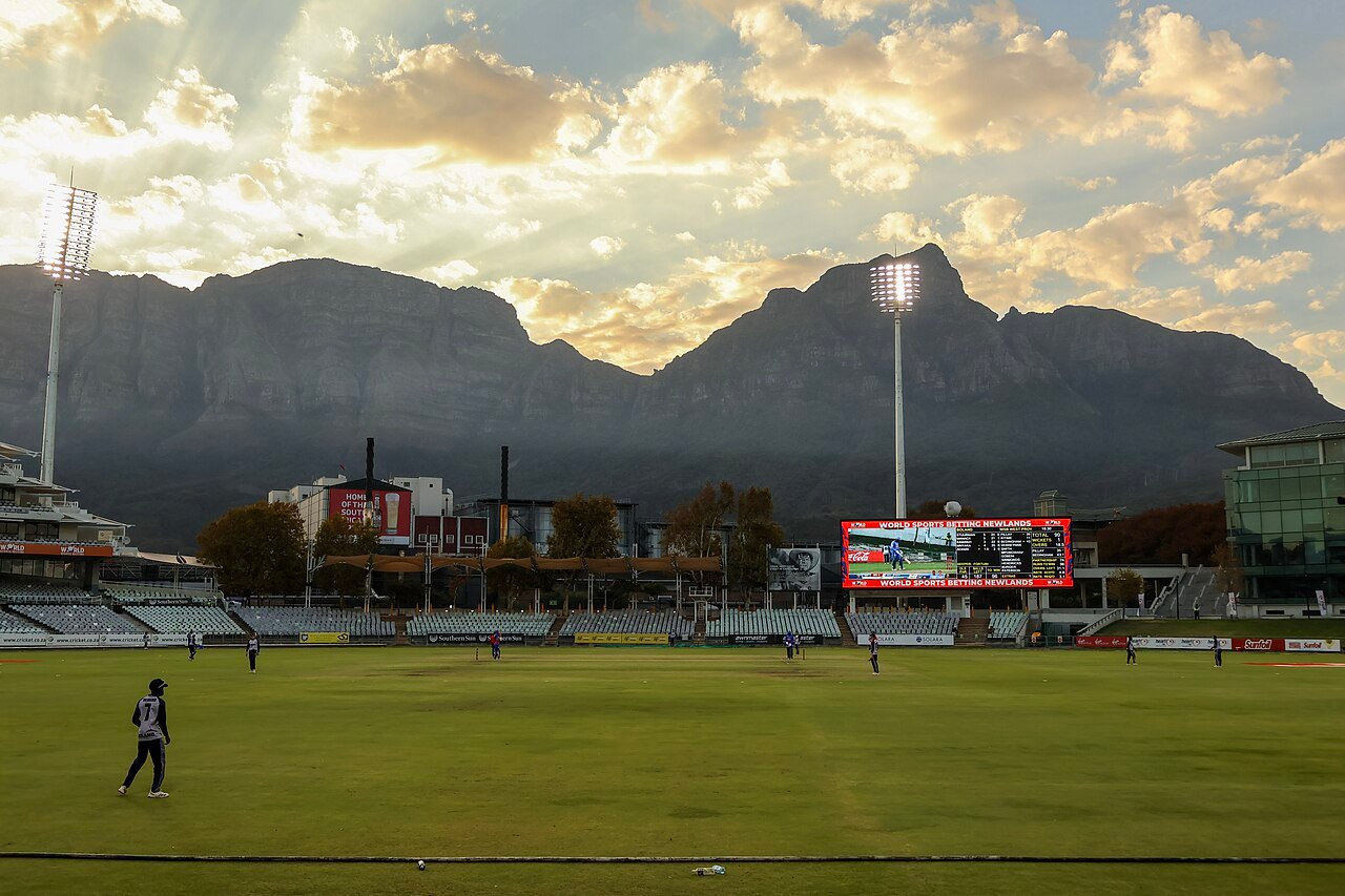 Players on the field at Newlands Cricket Ground in Cape Town during a March 2026 domestic match.