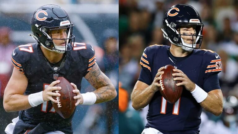 Tyson Bagent, left in No. 17, and Case Keenum, right in No. 11, hold footballs in separate Bears photographs.