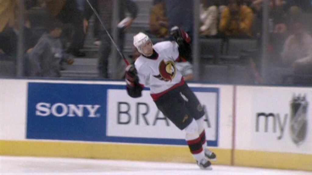 An Ottawa Senators player celebrates in archived footage of the NHL’s first shootout against Toronto on October 5, 2005.