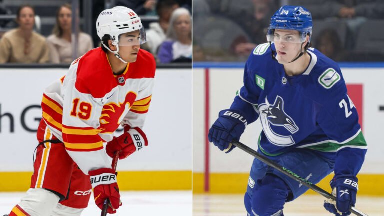 Photographic composite of Calgary Flames defenseman Zayne Parekh and Vancouver Canucks defenseman Zeev Buium.