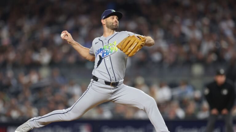 Nick Martinez delivers a pitch for Tampa Bay at Yankee Stadium in ALDS Game 3 on October 7, 2026