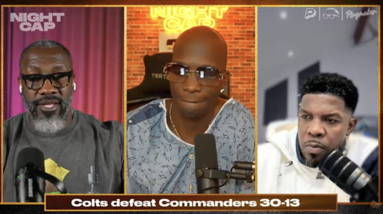 Shannon Sharpe speaking with the Nightcap panel during the Colts&ndash;Commanders discussion.