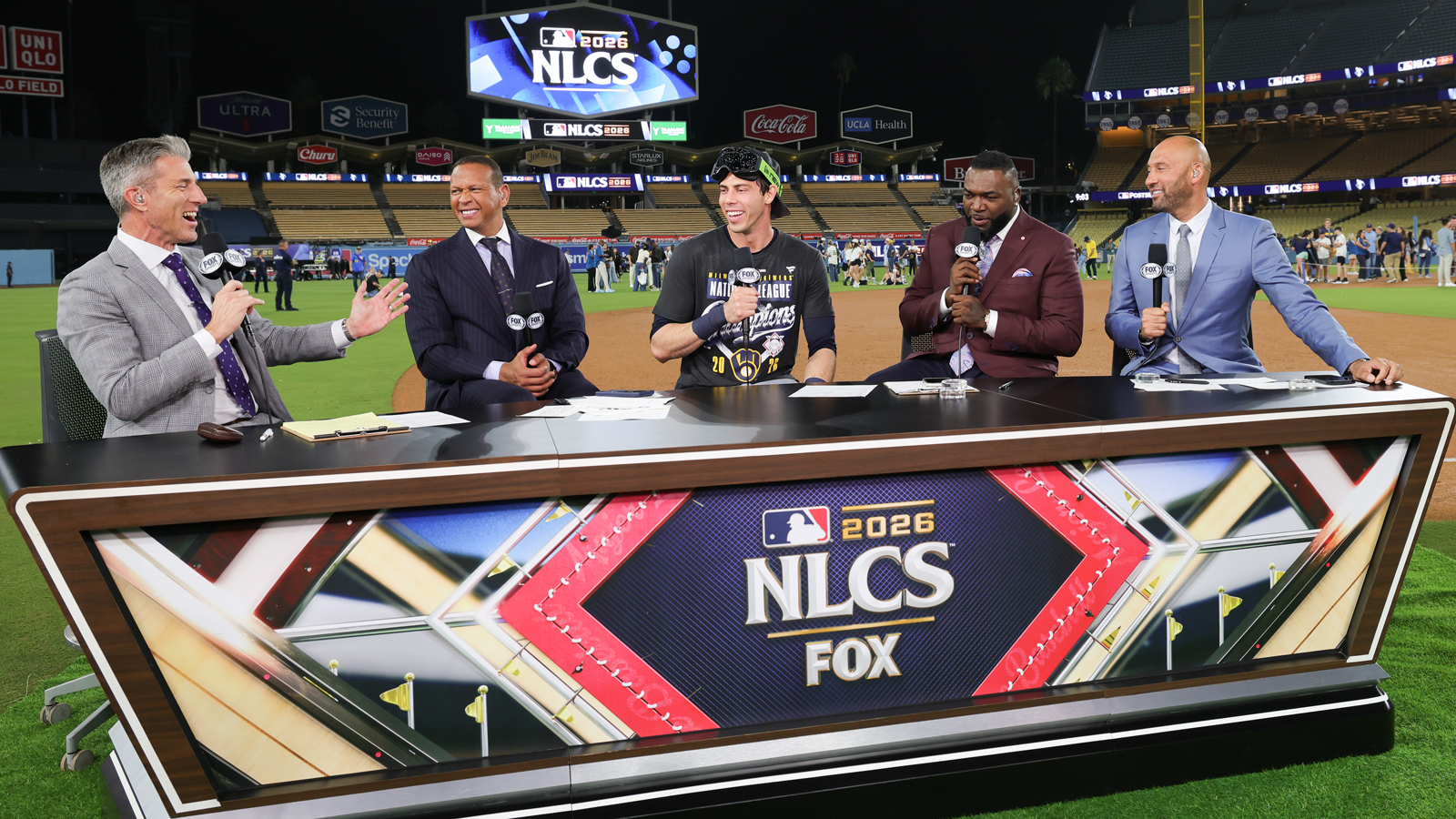 FOX’s postgame panel interviews a Milwaukee player on the field after NLCS Game 4.