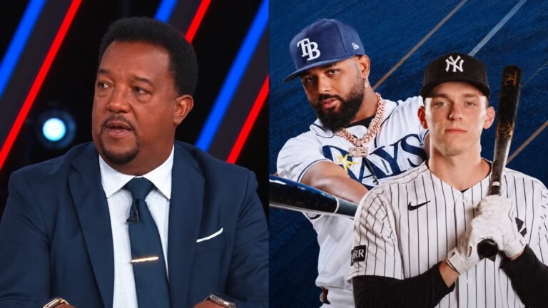 Editorial composite with Pedro Mart&iacute;nez on the left and Tampa Bay Rays and New York Yankees player imagery on the right.