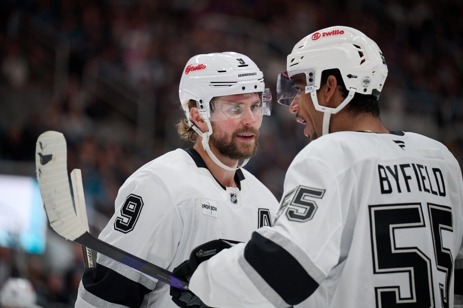 Quinton Byfield, right, talks with Adrian Kempe before a faceoff against the Sharks in San Jose on October 3, 2026.