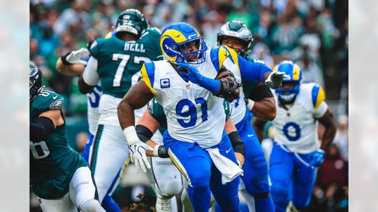Rams defenders in white and blue uniforms during the October 4 game in Philadelphia