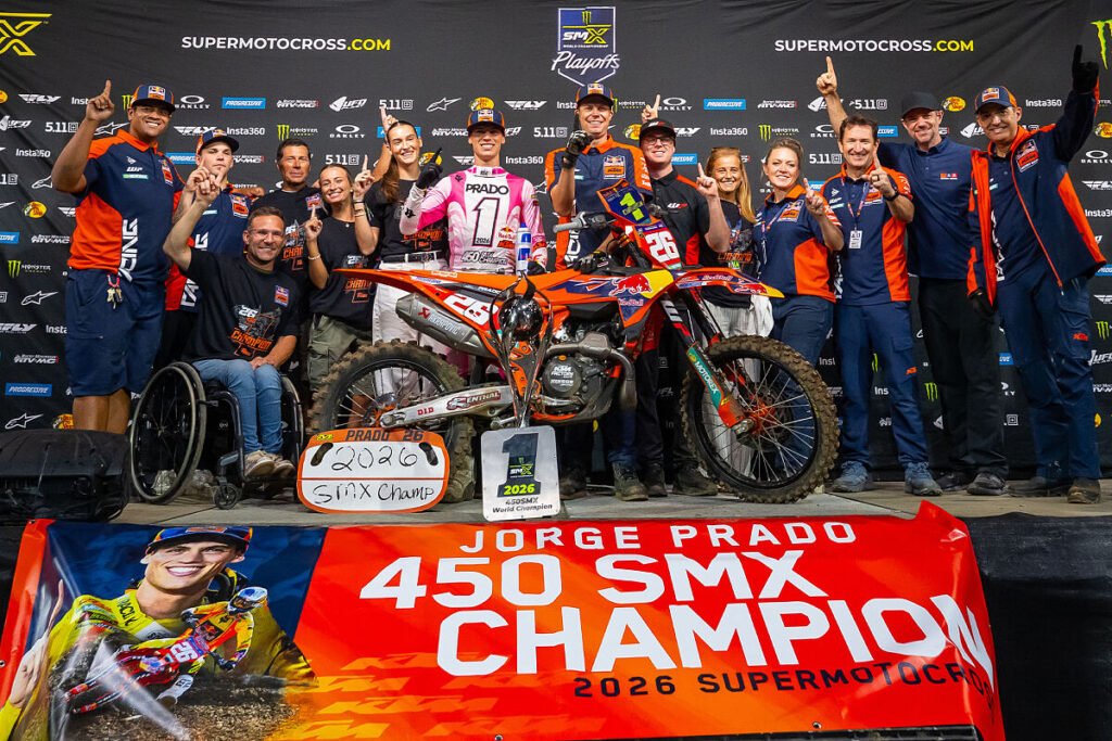 Jorge Prado and his team celebrate the 2026 SMX championship in Ridgedale