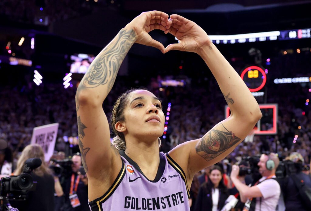 Gabby Williams celebrates Golden State’s WNBA Finals Game 1 victory on October 17, 2026