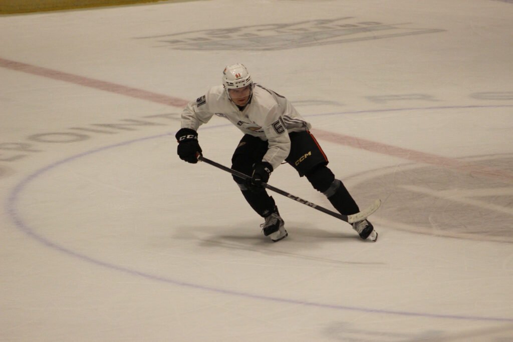 Cutter Gauthier wearing a Ducks practice jersey during a July 2024 scrimmage