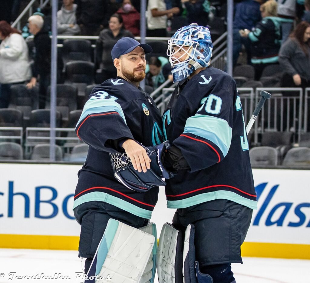Seattle goalies Philipp Grubauer and Aleš Stezka in September 2024
