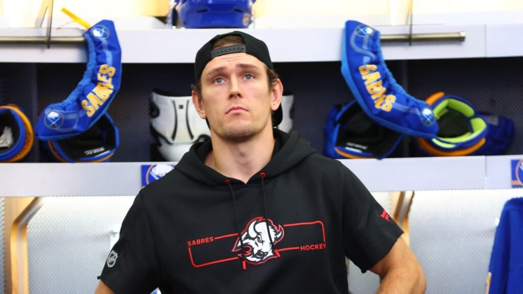 Rasmus Dahlin in Buffalo’s locker room before the October 12 game against Florida.