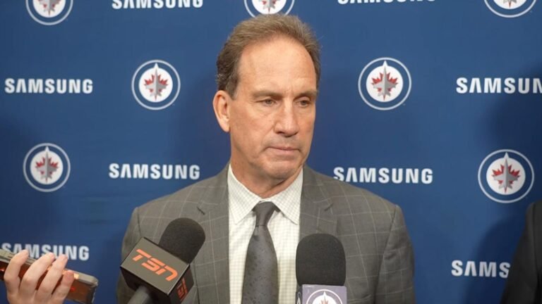 Scott Arniel speaks to reporters after Winnipeg’s 3–2 win at Detroit on October 4, 2026.