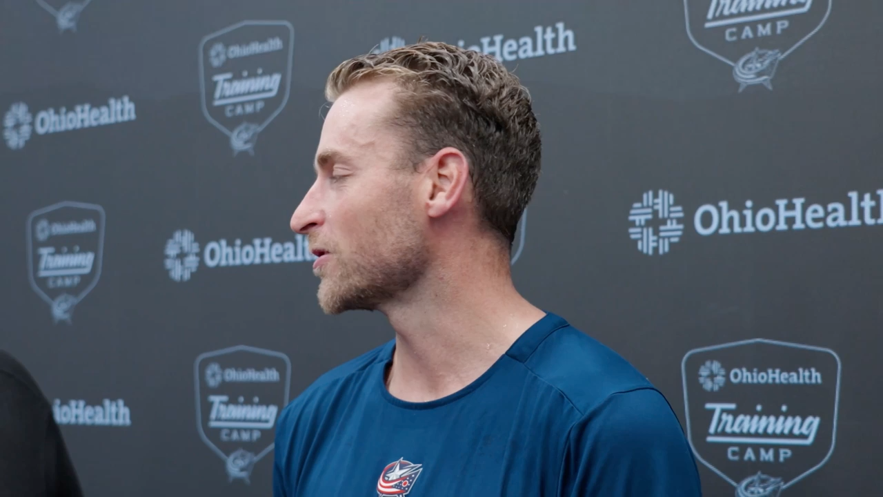 Carson Soucy speaks at Columbus training camp on September 17, 2026