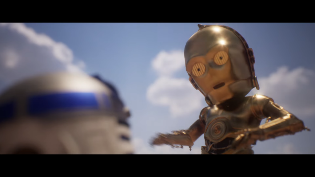 Animated C-3PO gestures beside R2-D2 in the Star Wars Funday Football announcement teaser.