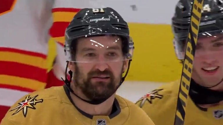 Mark Stone in his gold Vegas jersey after his third goal against Calgary.