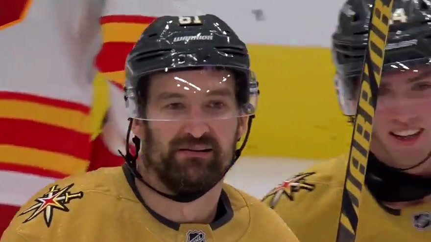 Mark Stone in his gold Vegas jersey after his third goal against Calgary.