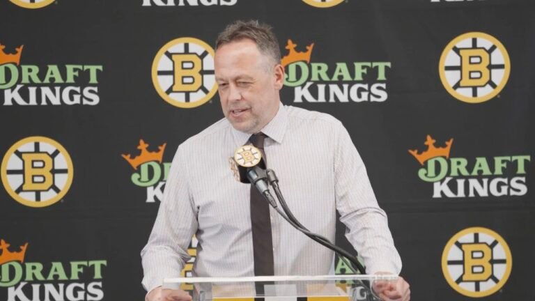 Boston Bruins coach Marco Sturm answers questions at the October 8 postgame press conference.