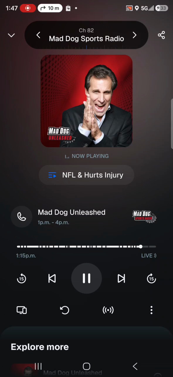 The SiriusXM app displays Mad Dog Unleashed and the segment title NFL & Hurts Injury.