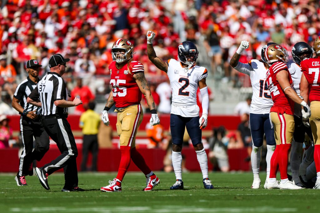 Pat Surtain II raises his arm during Denver’s game at San Francisco on October 4, 2026.