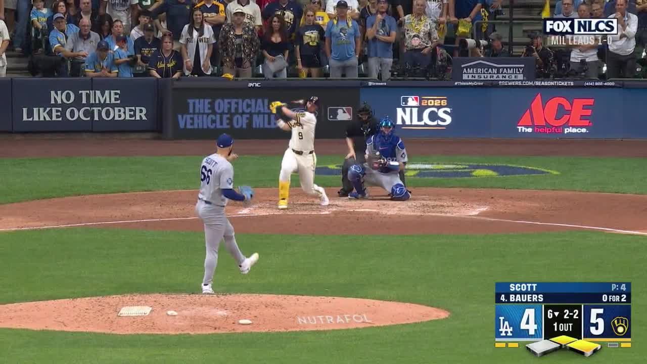 Tanner Scott pitching to Jake Bauers in the sixth inning of Dodgers–Brewers NLCS Game 2 on October 12, 2026. Broadcast still from MLB’s condensed game.