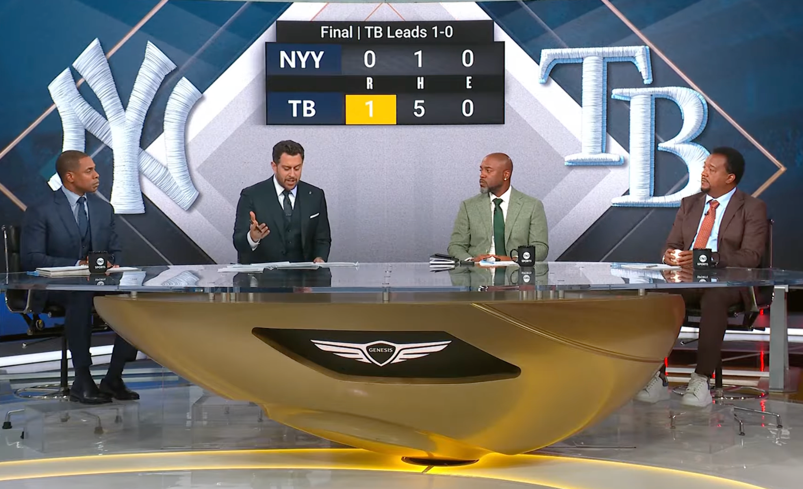 Curtis Granderson, Adam Lefkoe, Jimmy Rollins and Pedro Martínez on TBS’s postgame set after Rays–Yankees ALDS Game 1 on October 3, 2026.