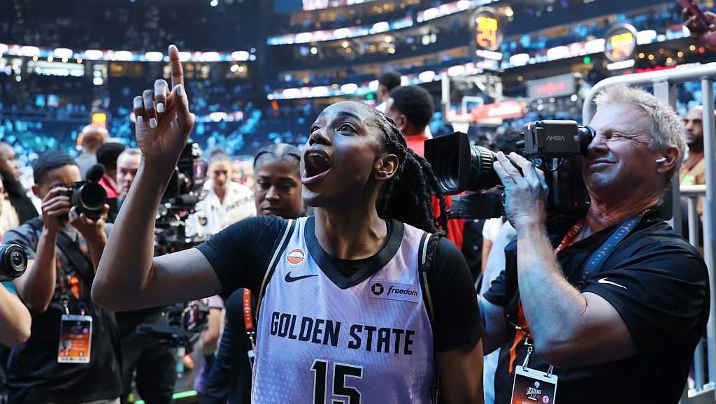 Golden State’s Tiffany Hayes celebrates as she leaves the court at State Farm Arena.