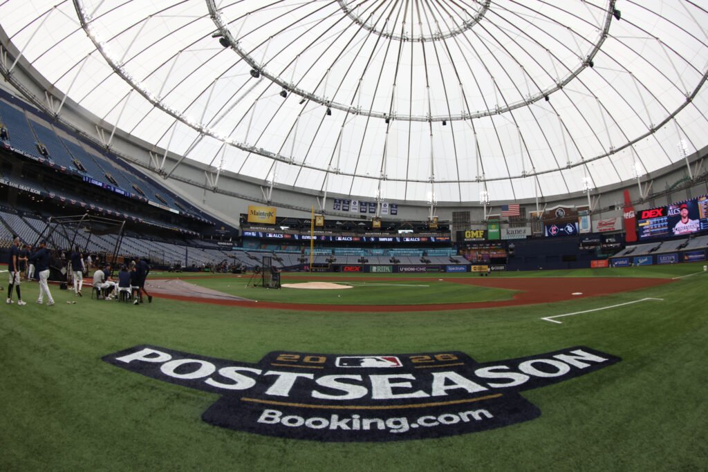 A wide view of Tropicana Field during a Rays postseason workout.