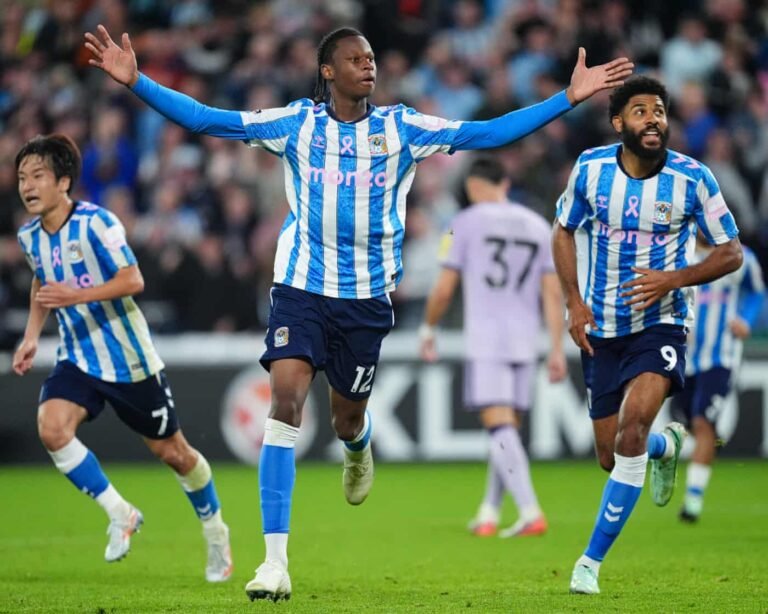 Stephen Mfuni celebrates Coventry’s fourth goal against Newcastle.