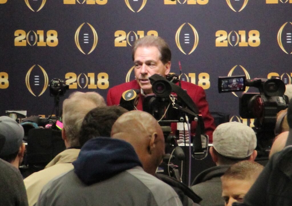 Nick Saban speaking to reporters at a 2018 media day