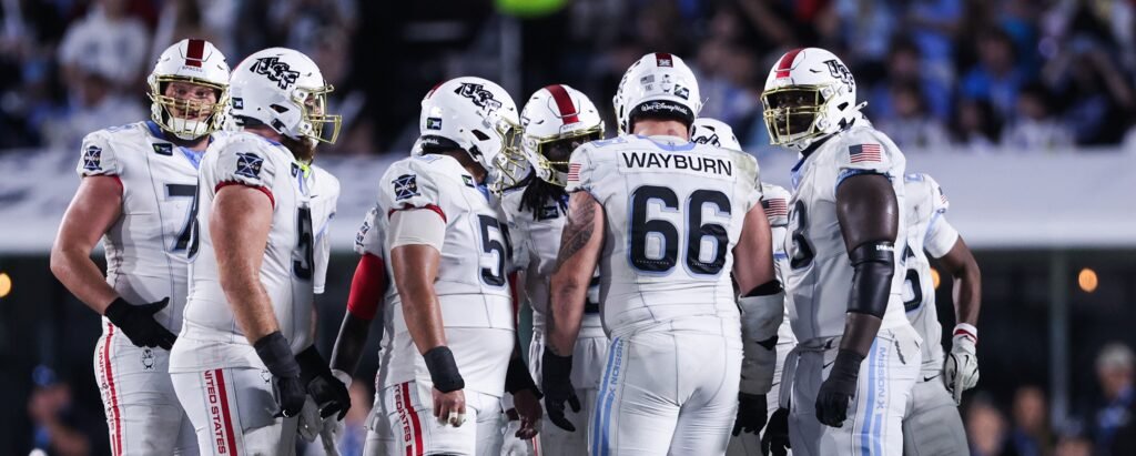 A UCF football huddle shows players in white Mission X uniforms.