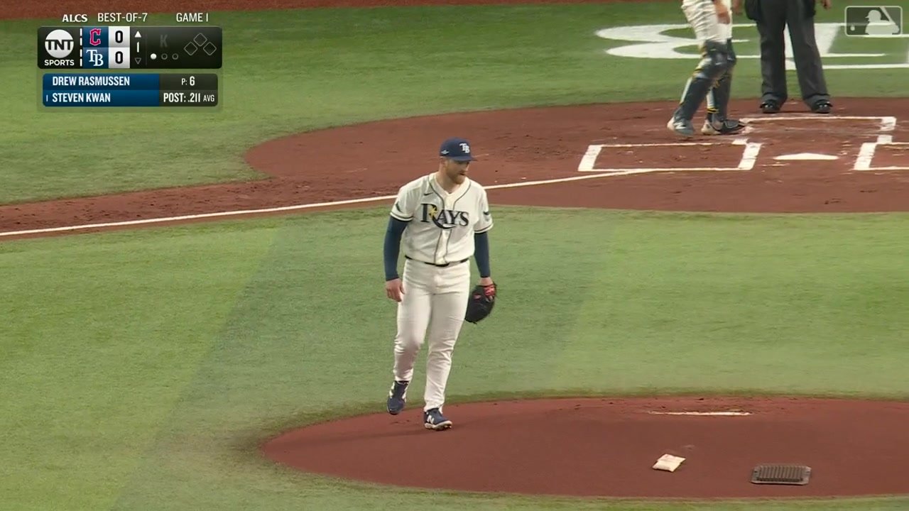 Drew Rasmussen in a Rays uniform on the mound during ALCS Game 1 at Tropicana Field.