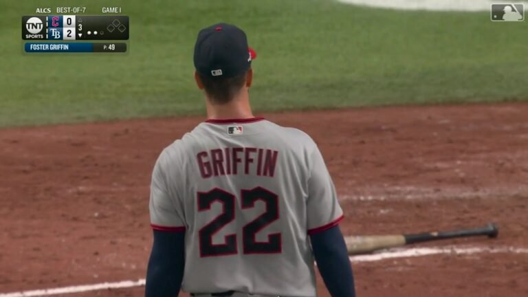 Foster Griffin at Tropicana Field during ALCS Game 1 on October 12, 2026. Still from the official MLB / TNT Sports game highlight.