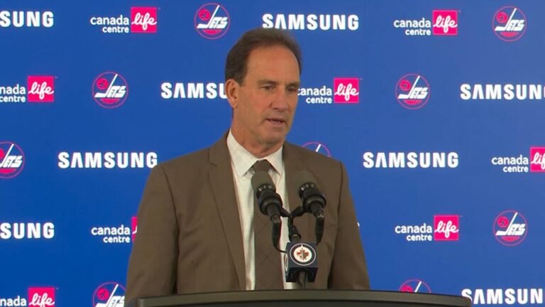 Scott Arniel answers questions after Winnipeg’s 3–2 win over Colorado on October 7, 2026.
