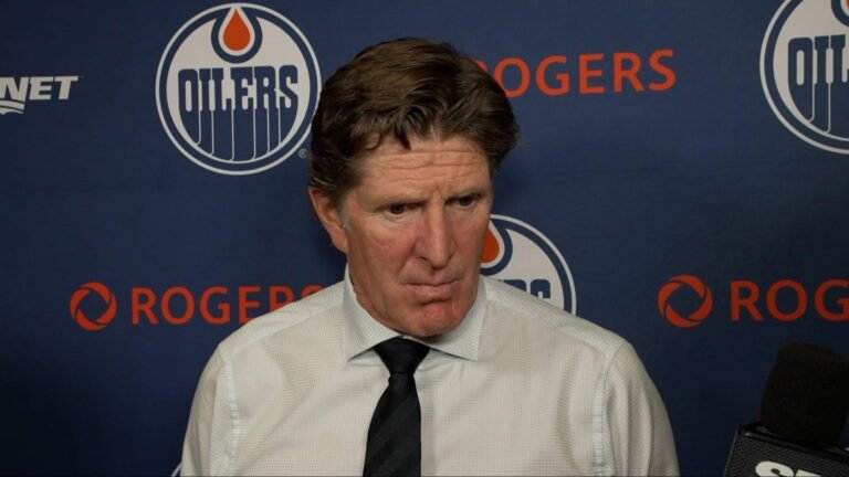 Mike Babcock answers questions after Edmonton’s 5–2 win over Anaheim on October 7, 2026.