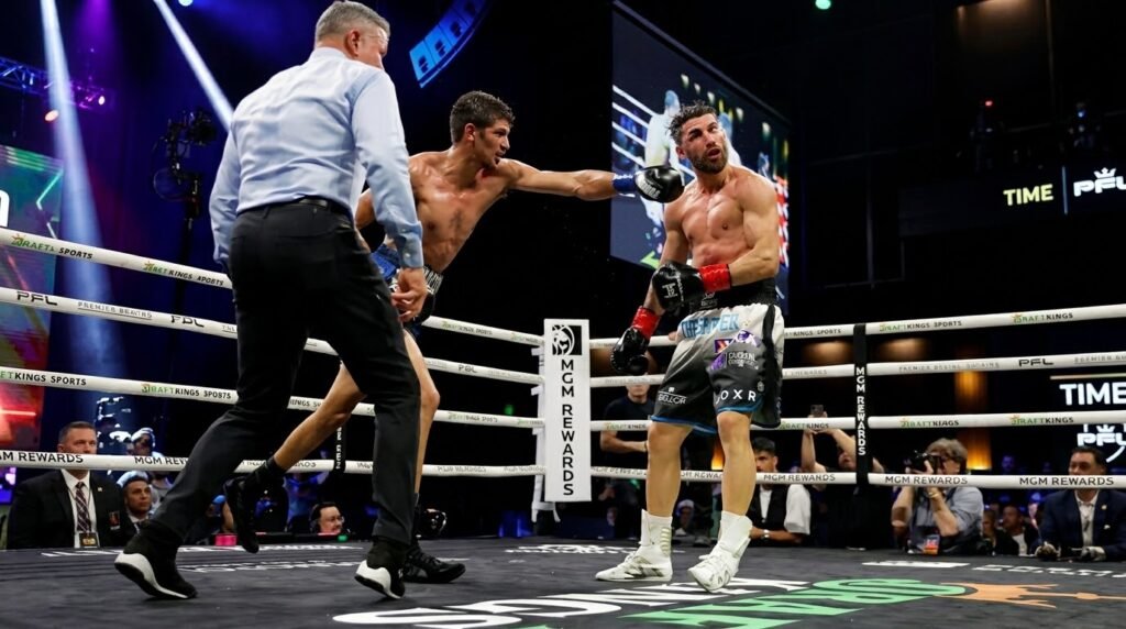 Sebastian Fundora and Ermal Hadribeaj exchange punches during their WBC title fight