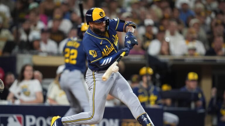 Jackson Chourio batting for Milwaukee during NLDS Game 4 against San Diego at Petco Park on October 7, 2026.