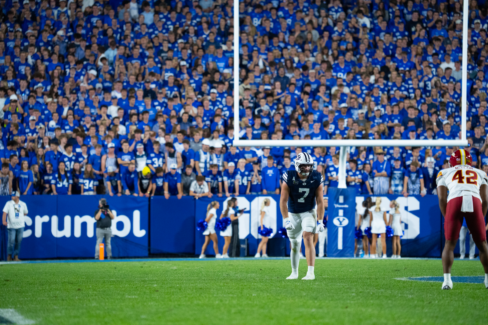 BYU tight end Walker Lyons lines up against Iowa State in Provo.
